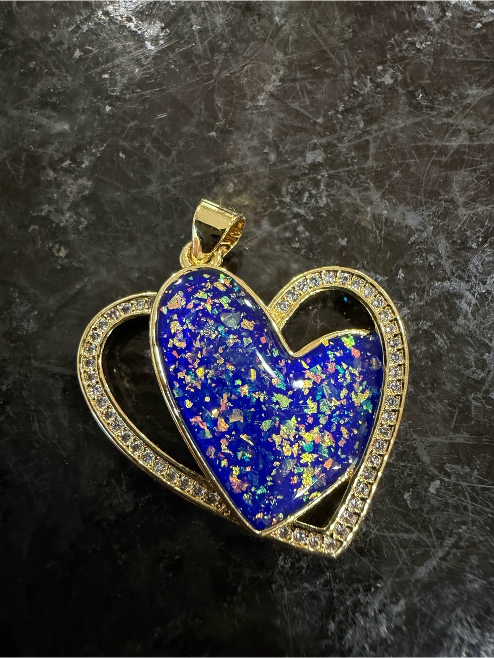 Gold Heart Pendant Necklace with Blue Opal Inlay